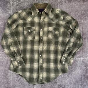 Men's Vintage 80's Ponderosa Green Plaid Flannel Pearl Snap Button Up Shirt Sz L